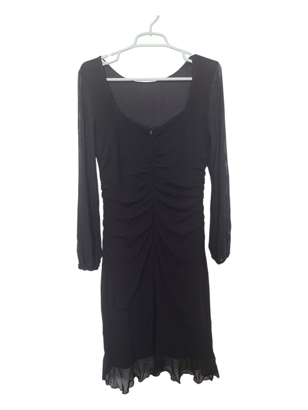 Black Long-Sleeve Ruched Midi Dress